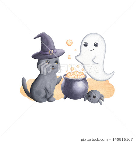 Kitten, ghost and little spider with boiling cauldron isolated on white background. Hand drawn watercolor illustration of cheerful cute characters Kitten, ghost and little spider with boiling cauldron isolated on white background. Hand drawn watercolor illustration of cheerful cute characters 140916167