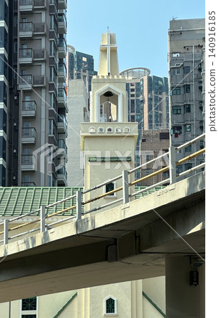 Urban landscape of a church amidst modern skyscrapers in the city Urban landscape of a church amidst modern skyscrapers in the city 140916185