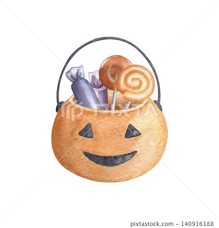 Bucket with lollipops and candies watercolor illustration isolated on white background. Hand drawn cute Jack-o'-lantern basket Bucket with lollipops and candies watercolor illustration isolated on white background. Hand drawn cute Jack-o'-lantern basket 140916188