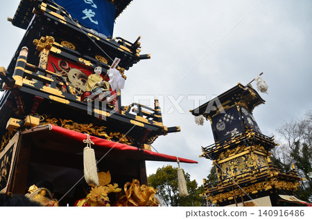 Inuyama Festival in Aichi Prefecture, Japan: Floats called "Kurumayama" carrying mechanical dolls; children wearing gold kimono costumes beating small drums. Inuyama Festival in Aichi Prefecture, Japan: Floats called "Kurumayama" carrying mechanical dolls; children wearing gold kimono costumes beating small drums. 140916486