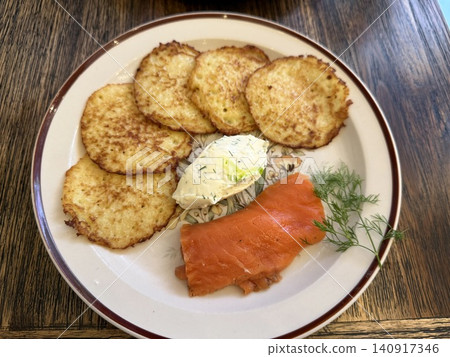 Golden Potato Pancakes with Smoked Salmon and Herb Cream Golden Potato Pancakes with Smoked Salmon and Herb Cream 140917346