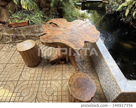 Rustic Solid Wood Table with Tree Stump Seats by Garden Pond Rustic Solid Wood Table with Tree Stump Seats by Garden Pond 140917356