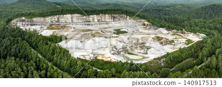 Aerial view of open pit mining site of limestone materials extraction for construction industry Aerial view of open pit mining site of limestone materials extraction for construction industry 140917513
