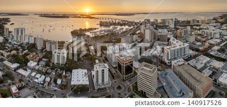 Sarasota, Florida city downtown at sunset with expensive waterfront high-rise buildings. Urban travel destination in the USA Sarasota, Florida city downtown at sunset with expensive waterfront high-rise buildings. Urban travel destination in the USA 140917526