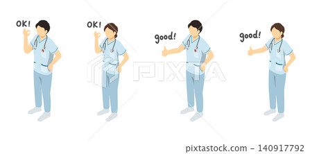 Isometric illustration: Male and female nurses (in white) making OK and GOOD gestures. Isometric illustration: Male and female nurses (in white) making OK and GOOD gestures. 140917792