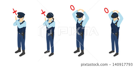 Isometric illustration: Male and female police officers making true and false gestures. 140917793