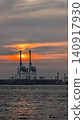 Sunset, the sea, and gantry cranes 140917930