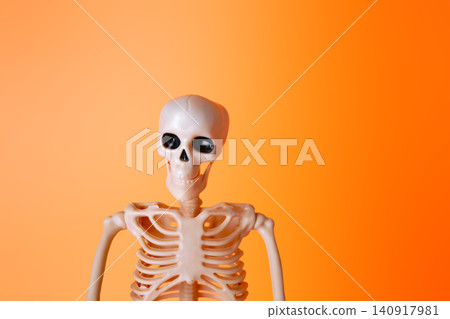 A Playful Skeleton Figure Against a Bright Orange Background Ideal for Halloween and Education A Playful Skeleton Figure Against a Bright Orange Background Ideal for Halloween and Education 140917981