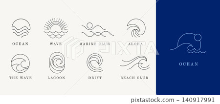 Minimalist abstract sea, ocean and wave line art logos collection. Minimal linear marine and coastal 140917991