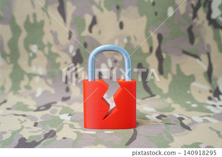 Hacked padlock on a military background. Vulnerability of military computer and communication networks. Hacked padlock on a military background. Vulnerability of military computer and communication networks. 140918295