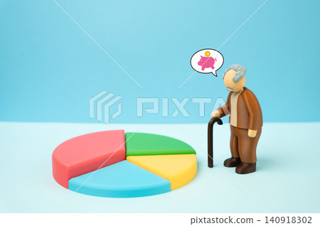 An elderly man assesses his budget. Monthly payments and expenses, balance and savings. Financial literacy in retirement. Diversifying a personal portfolio and investing for retirement. 140918302