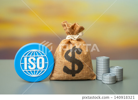 ISO logo and dollar money bag. Global business criteria that improve efficiency, safety, and quality. ISO logo and dollar money bag. Global business criteria that improve efficiency, safety, and quality. 140918321