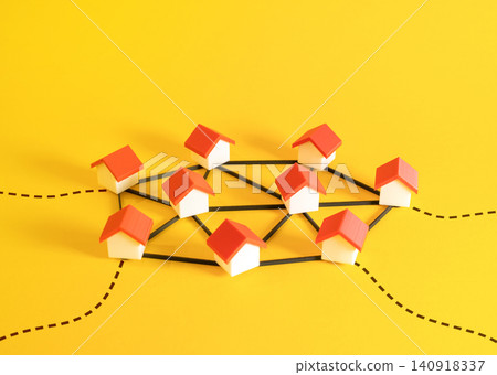 Houses connected into a single network. Local area network, cameras, sensors, and the Internet of Things. Security system, closed community of homeowners. Houses connected into a single network. Local area network, cameras, sensors, and the Internet of Things. Security system, closed community of homeowners. 140918337