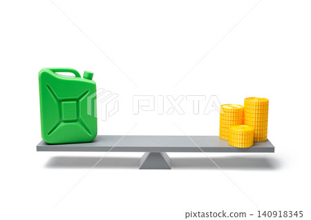 A green fuel canister versus coins on a scale. The market value of green, environmentally friendly fuel. A green fuel canister versus coins on a scale. The market value of green, environmentally friendly fuel. 140918345