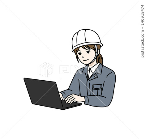 Female worker, helmet, gray work uniform, computer operation, data entry. Female worker, helmet, gray work uniform, computer operation, data entry. 140918474