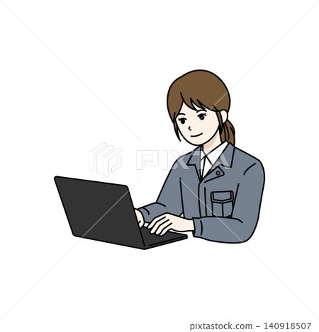 Female worker, gray work uniform, computer operation, data entry. Female worker, gray work uniform, computer operation, data entry. 140918507