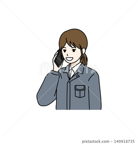 Female worker in gray work clothes, telephone Female worker in gray work clothes, telephone 140918735