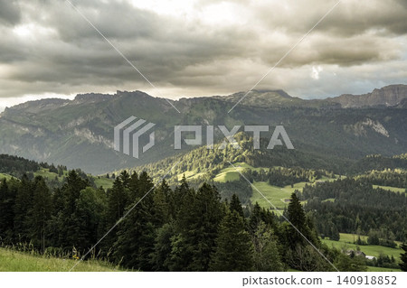 Panoramic view of Allgau Alps with green meadows and alpine village in summer - Sonthofen, Bavaria, Germany Panoramic view of Allgau Alps with green meadows and alpine village in summer - Sonthofen, Bavaria, Germany 140918852