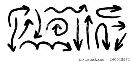 Hand drawn doodle thick arrow collection. Sketch scribbled bold arrow set. Black wavy pointer and curve direction line pack. Vector chalk pencil brush stroke bundle for business poster, brochure, plan 140918973