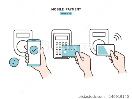 Illustration of cashless payment using a smartphone and credit card held over a payment terminal (light blue) Illustration of cashless payment using a smartphone and credit card held over a payment terminal (light blue) 140919140