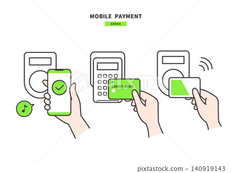 Illustration of cashless payment using a smartphone and credit card held over a payment terminal (green) Illustration of cashless payment using a smartphone and credit card held over a payment terminal (green) 140919143