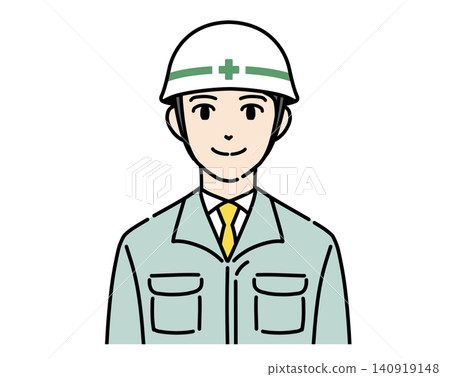 An illustration of a young man wearing a white helmet and work clothes. An illustration of a young man wearing a white helmet and work clothes. 140919148