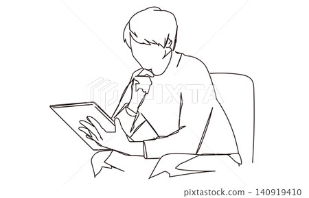 A line drawing illustration of a man deep in thought while looking at a tablet. A line drawing illustration of a man deep in thought while looking at a tablet. 140919410