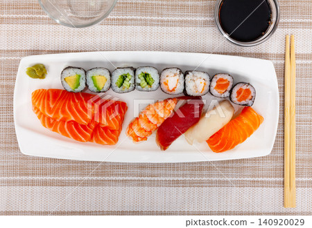 On table there portion set with maki, sashimi and nigiri On table there portion set with maki, sashimi and nigiri 140920029