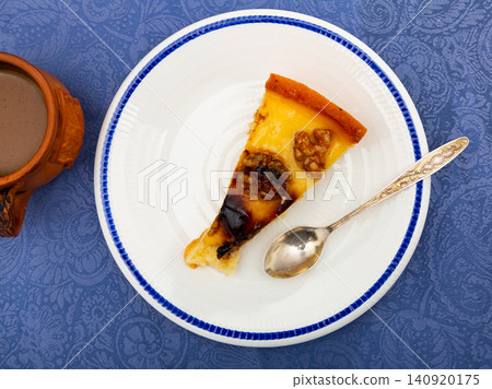 Piece of pie with walnuts served in a plate Piece of pie with walnuts served in a plate 140920175