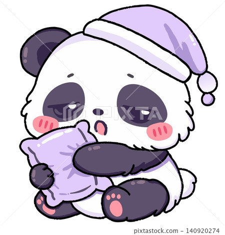 Cute Kawaii Sleepy Panda Bear Wearing Purple Night Hat Hugging Pillow Cartoon Character Cute Kawaii Sleepy Panda Bear Wearing Purple Night Hat Hugging Pillow Cartoon Character 140920274