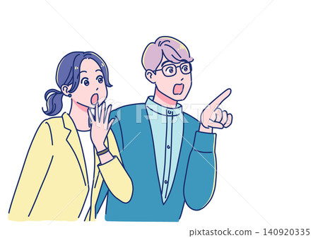 一名男職員和一名女職員抬頭看向一旁,驚訝不已。 一名男職員和一名女職員抬頭看向一旁,驚訝不已。 140920335