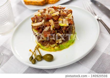 Tuna tartare appetizer served on platter Tuna tartare appetizer served on platter 140920508