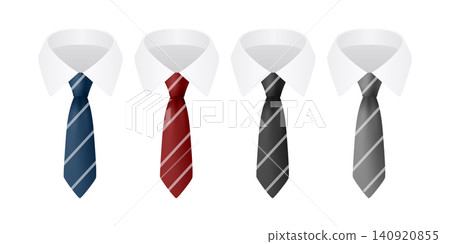 Vector Necktie Set with White Collar Shirts, Isolated. Blue, Red Black, Gray Classic Mens Business Tie Icons. Formal Office Dress Code Accessories for Suit, Fashion Design, Apparel Mockups Vector Necktie Set with White Collar Shirts, Isolated. Blue, Red Black, Gray Classic Mens Business Tie Icons. Formal Office Dress Code Accessories for Suit, Fashion Design, Apparel Mockups 140920855