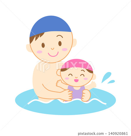 An illustration of a baby and dad swimming in a pool. An illustration of a baby and dad swimming in a pool. 140920861