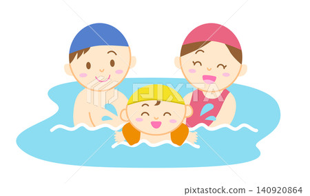 An illustration of a baby and their parents swimming in a pool. An illustration of a baby and their parents swimming in a pool. 140920864