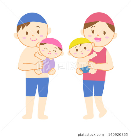 A set featuring a baby in a swimsuit and their parents. A set featuring a baby in a swimsuit and their parents. 140920865