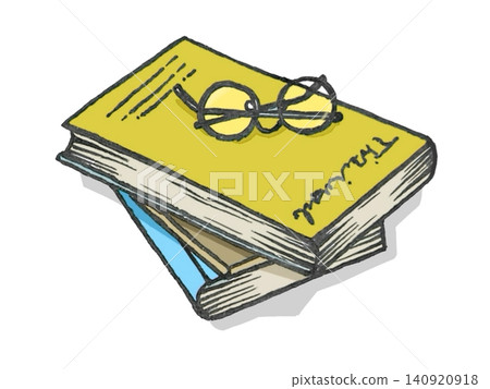A nostalgic image of round glasses and an illustration of a book. 140920918