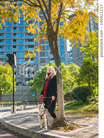 Blonde woman in black coat and red plaid scarf walks small white dog on red leash along urban sidewalk in bright autumn sun Blonde woman in black coat and red plaid scarf walks small white dog on red leash along urban sidewalk in bright autumn sun 140921217
