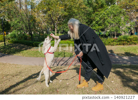 Owner trains white dog to stand on hind legs in a sunny city park with modern buildings visible Owner trains white dog to stand on hind legs in a sunny city park with modern buildings visible 140921227