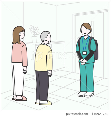 An illustration depicting an elderly man and his family welcoming a visiting nurse at the front door. An illustration depicting an elderly man and his family welcoming a visiting nurse at the front door. 140921280
