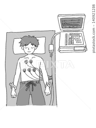 一名男子正在接受心電圖檢查的插圖(黑白,簡潔,白色背景 JPG) 一名男子正在接受心電圖檢查的插圖(黑白,簡潔,白色背景 JPG) 140921286