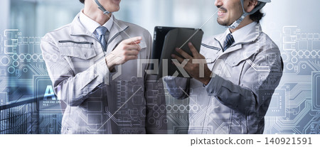 Promoting DX in smart factories that utilize semiconductors and physical AI; Japanese engineers in work clothes, faceless. Promoting DX in smart factories that utilize semiconductors and physical AI; Japanese engineers in work clothes, faceless. 140921591