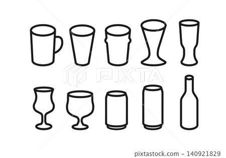 一組10個啤酒杯和啤酒罐的線條藝術圖標 一組10個啤酒杯和啤酒罐的線條藝術圖標 140921829