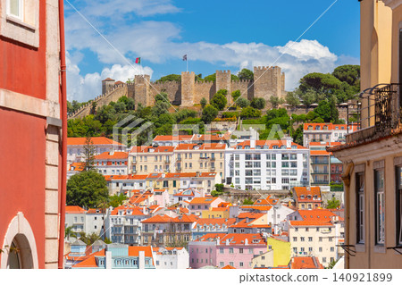Sao Jorge Fortress above historic rooftops in Lisbon, Portugal Sao Jorge Fortress above historic rooftops in Lisbon, Portugal 140921899