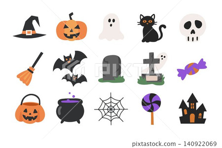 Typical Halloween Element Illustration Set Witch Hat Jack O Lantern Cobweb Candy Bat Tombstone Typical Halloween Element Illustration Set Witch Hat Jack O Lantern Cobweb Candy Bat Tombstone 140922069