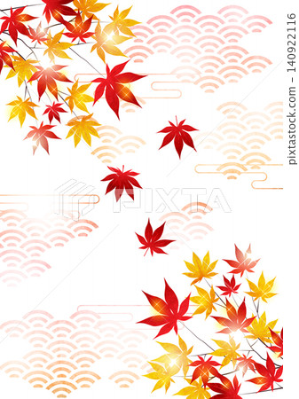 青海波紋和秋葉，背景，插畫，可愛，日式風格，直式版 140922116