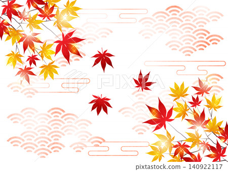 青海波和秋葉,背景,插畫,可愛,日式風格,橫向 青海波和秋葉,背景,插畫,可愛,日式風格,橫向 140922117