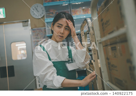 一名年輕的女員工在超市後倉裡頭痛難忍。 一名年輕的女員工在超市後倉裡頭痛難忍。 140922175