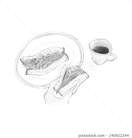 一幅手繪水彩風格的插圖，描繪了三明治和咖啡早餐。 140922244