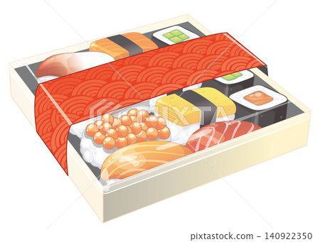 Assorted Sushi Bento Box with Red Patterned Sleeve Vector Illustration Assorted Sushi Bento Box with Red Patterned Sleeve Vector Illustration 140922350